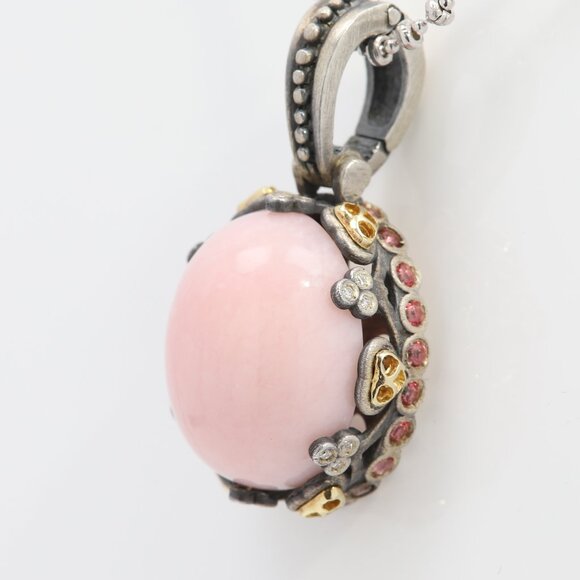Vintage Pink Opal Pendant in Sterling Silver and 18k Gold with Natural Tourmalin - Picture 1 of 9